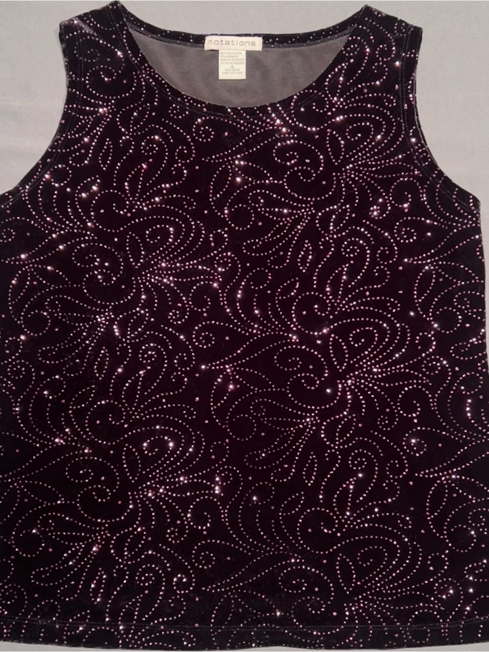 Vintage Notions Black Velvet Tank Top with Purple Glitter Detail
